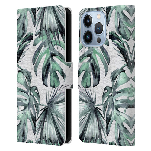 Nature Magick Tropical Palm Leaves On Marble Turquoise Green Island Leather Book Wallet Case Cover For Apple iPhone 13 Pro