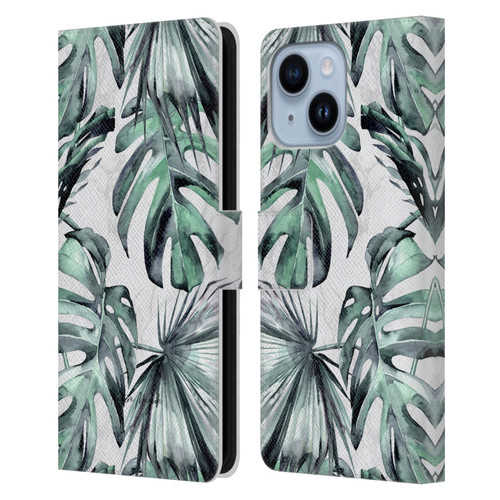 Nature Magick Tropical Palm Leaves On Marble Turquoise Green Island Leather Book Wallet Case Cover For Apple iPhone 14 Plus
