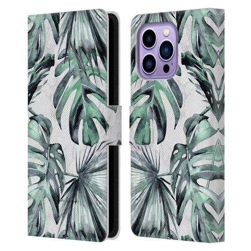 Nature Magick Tropical Palm Leaves On Marble Turquoise Green Island Leather Book Wallet Case Cover For Apple iPhone 14 Pro Max