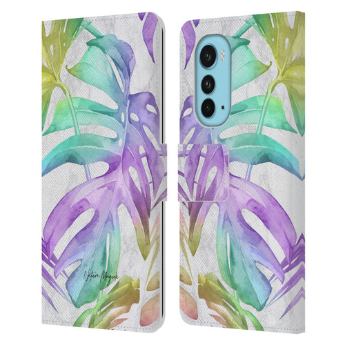 Nature Magick Tropical Palm Leaves On Marble Rainbow Leaf Leather Book Wallet Case Cover For Motorola Edge (2022)