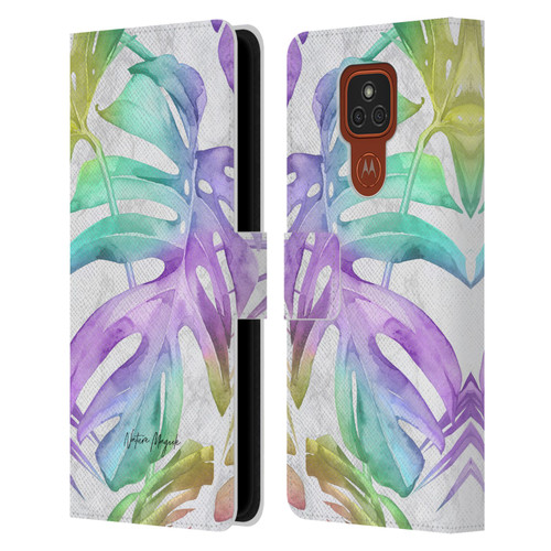Nature Magick Tropical Palm Leaves On Marble Rainbow Leaf Leather Book Wallet Case Cover For Motorola Moto E7 Plus