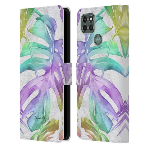Nature Magick Tropical Palm Leaves On Marble Rainbow Leaf Leather Book Wallet Case Cover For Motorola Moto G9 Power