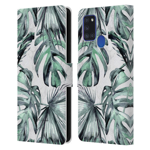Nature Magick Tropical Palm Leaves On Marble Turquoise Green Island Leather Book Wallet Case Cover For Samsung Galaxy A21s (2020)