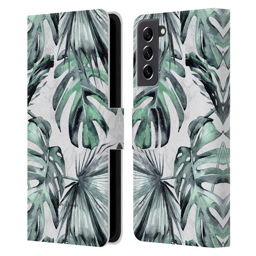 Nature Magick Tropical Palm Leaves On Marble Turquoise Green Island Leather Book Wallet Case Cover For Samsung Galaxy S21 FE 5G
