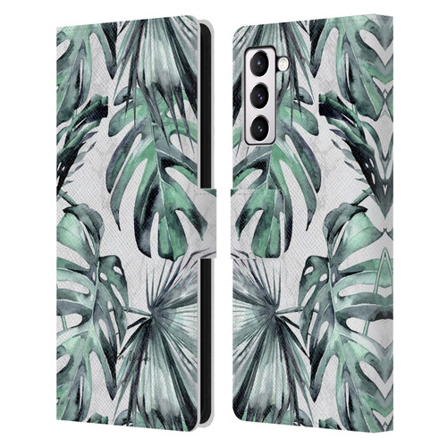 Nature Magick Tropical Palm Leaves On Marble Turquoise Green Island Leather Book Wallet Case Cover For Samsung Galaxy S21+ 5G