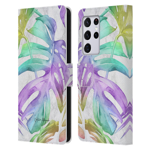 Nature Magick Tropical Palm Leaves On Marble Rainbow Leaf Leather Book Wallet Case Cover For Samsung Galaxy S21 Ultra 5G