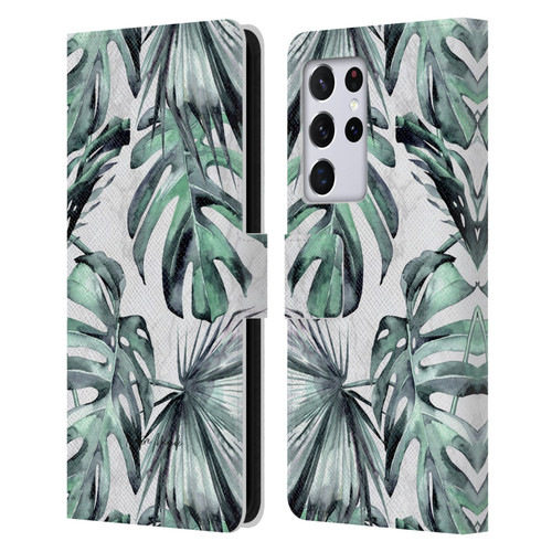 Nature Magick Tropical Palm Leaves On Marble Turquoise Green Island Leather Book Wallet Case Cover For Samsung Galaxy S21 Ultra 5G