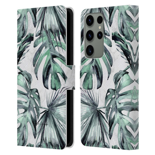 Nature Magick Tropical Palm Leaves On Marble Turquoise Green Island Leather Book Wallet Case Cover For Samsung Galaxy S23 Ultra 5G