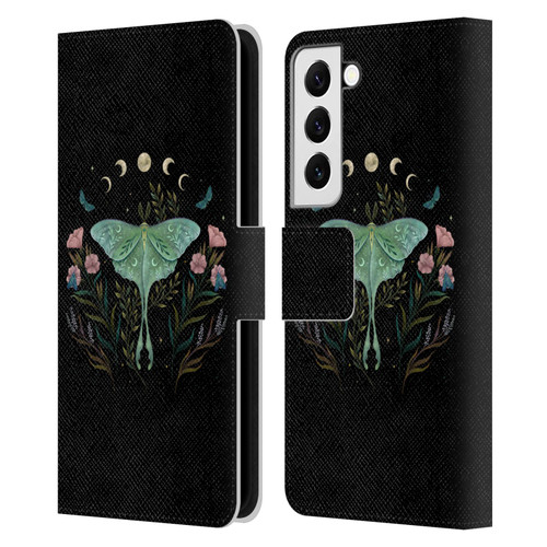 Episodic Drawing Illustration Animals Moth and Flowers Leather Book Wallet Case Cover For Samsung Galaxy S22 5G