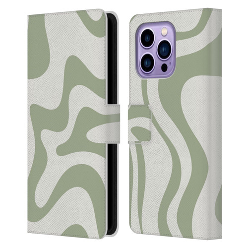 Kierkegaard Design Studio Art Retro Liquid Swirl Sage Green Leather Book Wallet Case Cover For Apple iPhone 14 Pro Max