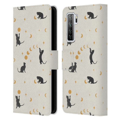 Episodic Drawing Pattern Cat And Moon Leather Book Wallet Case Cover For Huawei Nova 7 SE/P40 Lite 5G