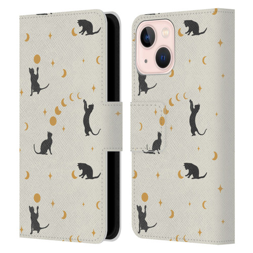 Episodic Drawing Pattern Cat And Moon Leather Book Wallet Case Cover For Apple iPhone 13 Mini