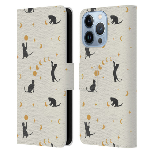 Episodic Drawing Pattern Cat And Moon Leather Book Wallet Case Cover For Apple iPhone 13 Pro