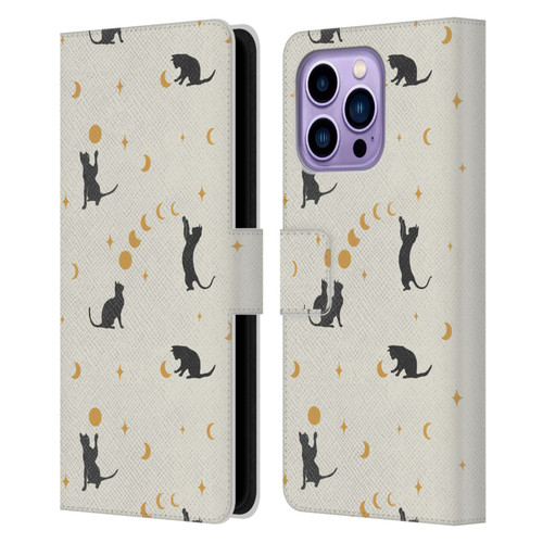 Episodic Drawing Pattern Cat And Moon Leather Book Wallet Case Cover For Apple iPhone 14 Pro Max