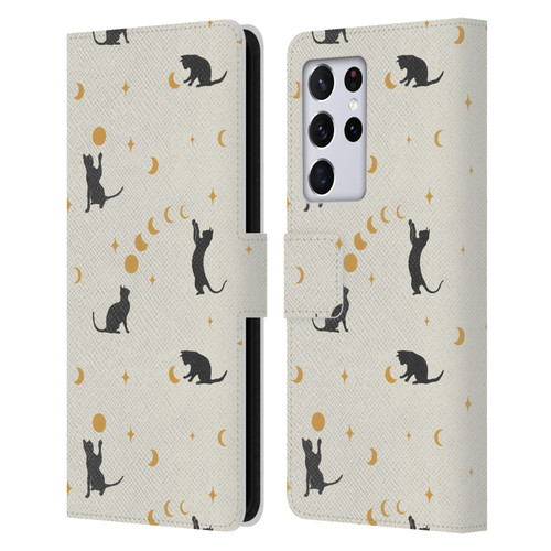 Episodic Drawing Pattern Cat And Moon Leather Book Wallet Case Cover For Samsung Galaxy S21 Ultra 5G
