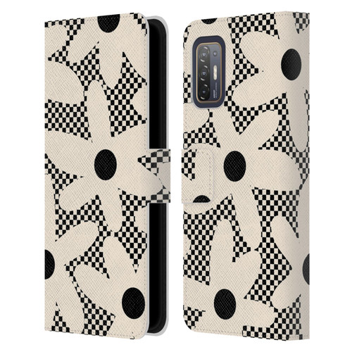Kierkegaard Design Studio Retro Abstract Patterns Daisy Black Cream Dots Check Leather Book Wallet Case Cover For HTC Desire 21 Pro 5G