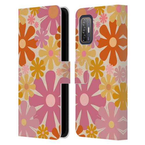 Kierkegaard Design Studio Retro Abstract Patterns Pink Orange Thulian Flowers Leather Book Wallet Case Cover For HTC Desire 21 Pro 5G