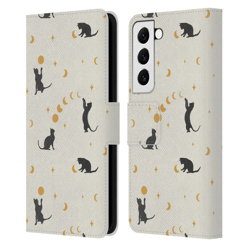 Episodic Drawing Pattern Cat And Moon Leather Book Wallet Case Cover For Samsung Galaxy S22 5G