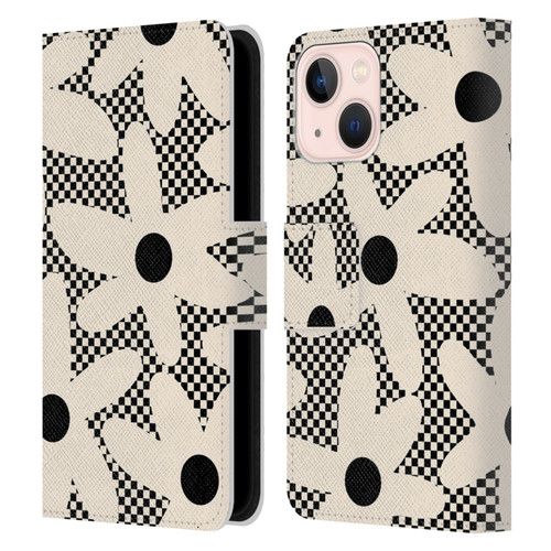 Kierkegaard Design Studio Retro Abstract Patterns Daisy Black Cream Dots Check Leather Book Wallet Case Cover For Apple iPhone 13 Mini