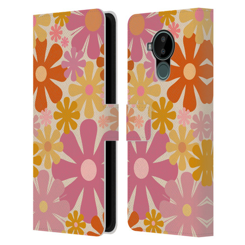Kierkegaard Design Studio Retro Abstract Patterns Pink Orange Thulian Flowers Leather Book Wallet Case Cover For Nokia C30