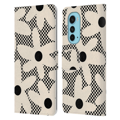 Kierkegaard Design Studio Retro Abstract Patterns Daisy Black Cream Dots Check Leather Book Wallet Case Cover For Motorola Edge (2022)