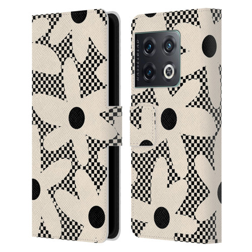 Kierkegaard Design Studio Retro Abstract Patterns Daisy Black Cream Dots Check Leather Book Wallet Case Cover For OnePlus 10 Pro