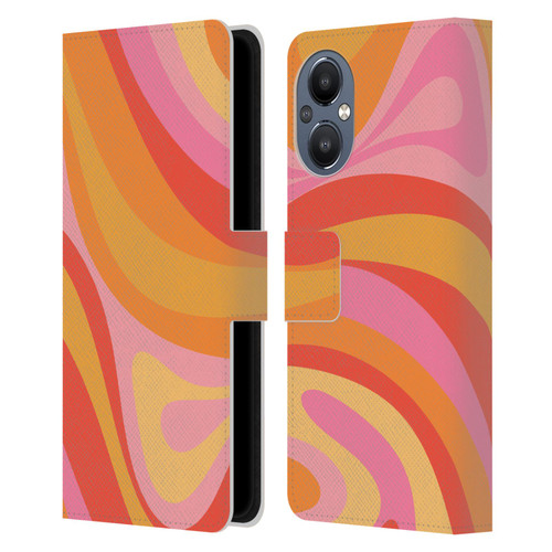 Kierkegaard Design Studio Retro Abstract Patterns Pink Orange Yellow Swirl Leather Book Wallet Case Cover For OnePlus Nord N20 5G