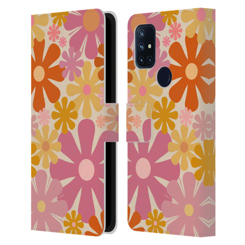 Kierkegaard Design Studio Retro Abstract Patterns Pink Orange Thulian Flowers Leather Book Wallet Case Cover For OnePlus Nord N10 5G