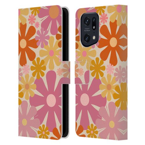 Kierkegaard Design Studio Retro Abstract Patterns Pink Orange Thulian Flowers Leather Book Wallet Case Cover For OPPO Find X5 Pro