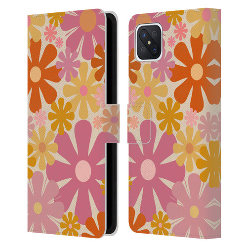 Kierkegaard Design Studio Retro Abstract Patterns Pink Orange Thulian Flowers Leather Book Wallet Case Cover For OPPO Reno4 Z 5G