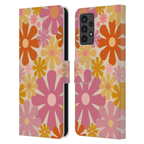 Kierkegaard Design Studio Retro Abstract Patterns Pink Orange Thulian Flowers Leather Book Wallet Case Cover For Samsung Galaxy A13 (2022)