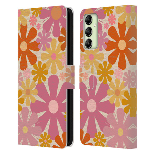 Kierkegaard Design Studio Retro Abstract Patterns Pink Orange Thulian Flowers Leather Book Wallet Case Cover For Samsung Galaxy A14 5G