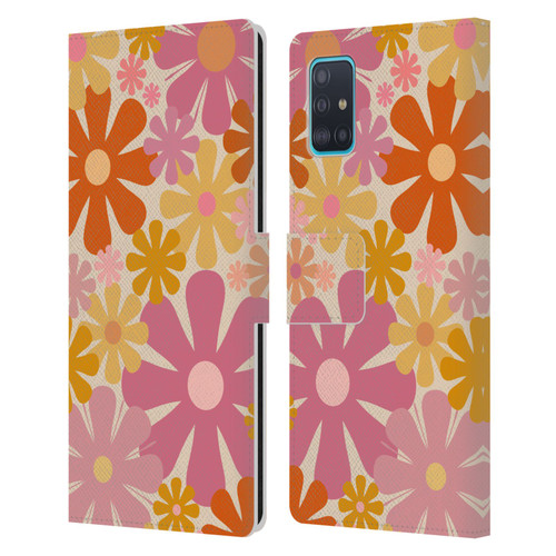 Kierkegaard Design Studio Retro Abstract Patterns Pink Orange Thulian Flowers Leather Book Wallet Case Cover For Samsung Galaxy A51 (2019)