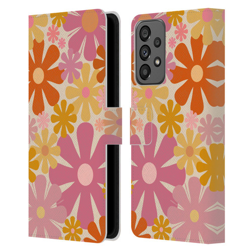 Kierkegaard Design Studio Retro Abstract Patterns Pink Orange Thulian Flowers Leather Book Wallet Case Cover For Samsung Galaxy A73 5G (2022)