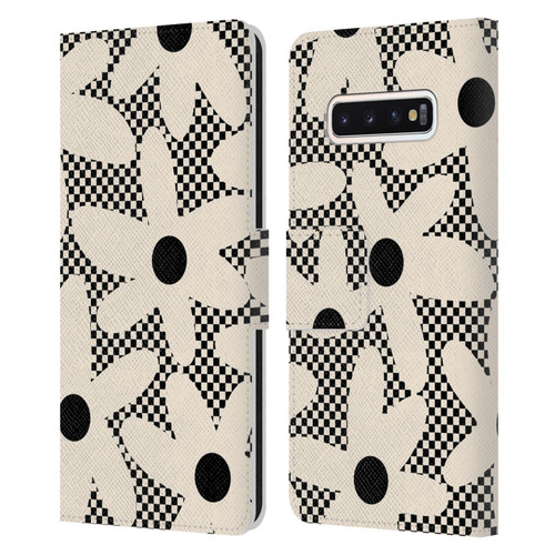 Kierkegaard Design Studio Retro Abstract Patterns Daisy Black Cream Dots Check Leather Book Wallet Case Cover For Samsung Galaxy S10