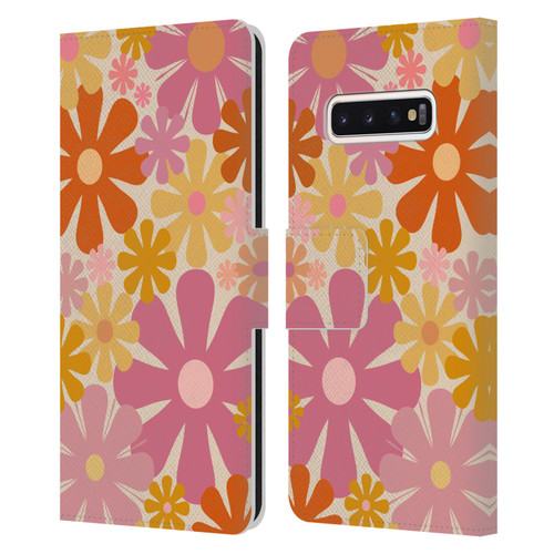 Kierkegaard Design Studio Retro Abstract Patterns Pink Orange Thulian Flowers Leather Book Wallet Case Cover For Samsung Galaxy S10