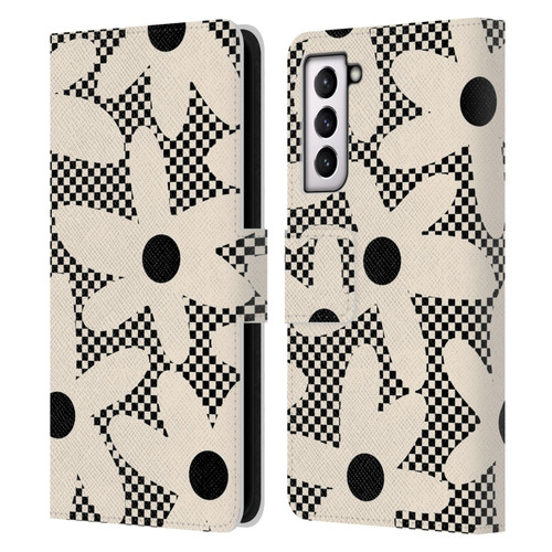 Kierkegaard Design Studio Retro Abstract Patterns Daisy Black Cream Dots Check Leather Book Wallet Case Cover For Samsung Galaxy S21 5G