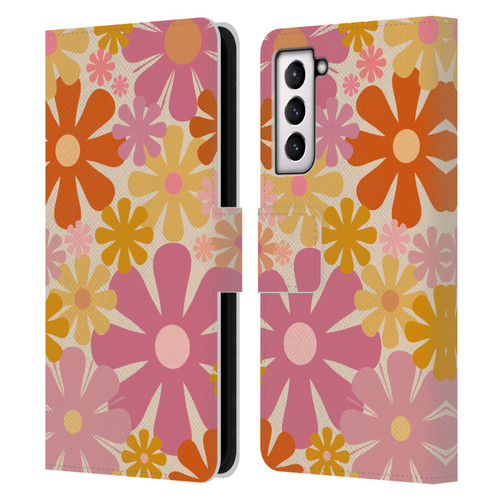 Kierkegaard Design Studio Retro Abstract Patterns Pink Orange Thulian Flowers Leather Book Wallet Case Cover For Samsung Galaxy S21 5G