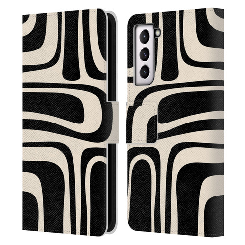 Kierkegaard Design Studio Retro Abstract Patterns Palm Springs Black Cream Leather Book Wallet Case Cover For Samsung Galaxy S21 5G