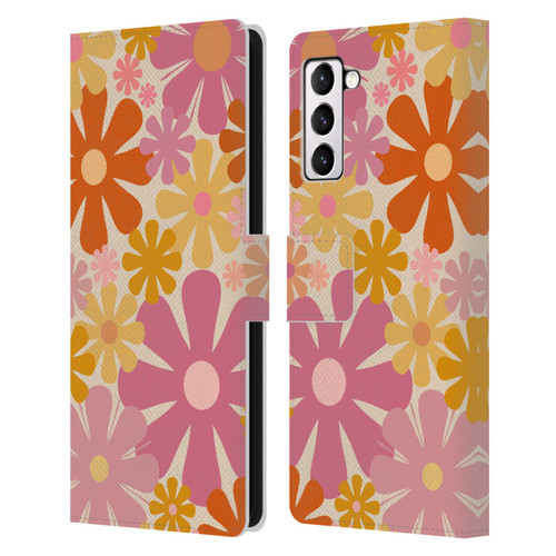 Kierkegaard Design Studio Retro Abstract Patterns Pink Orange Thulian Flowers Leather Book Wallet Case Cover For Samsung Galaxy S21+ 5G
