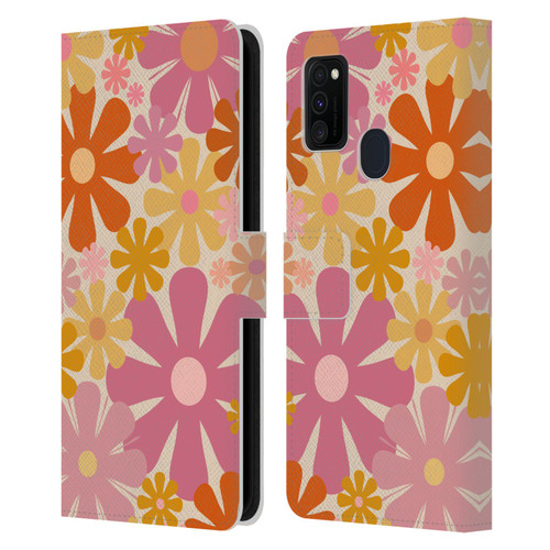 Kierkegaard Design Studio Retro Abstract Patterns Pink Orange Thulian Flowers Leather Book Wallet Case Cover For Samsung Galaxy M30s (2019)/M21 (2020)