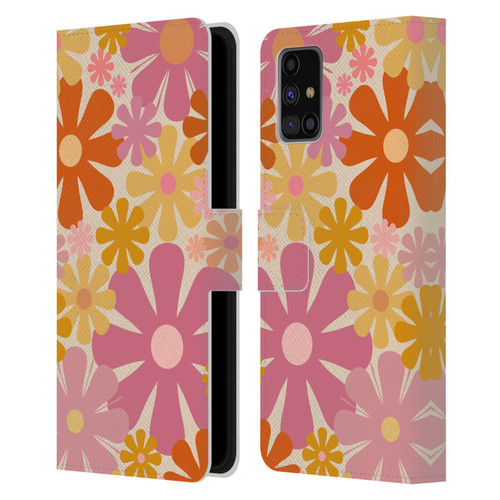 Kierkegaard Design Studio Retro Abstract Patterns Pink Orange Thulian Flowers Leather Book Wallet Case Cover For Samsung Galaxy M31s (2020)