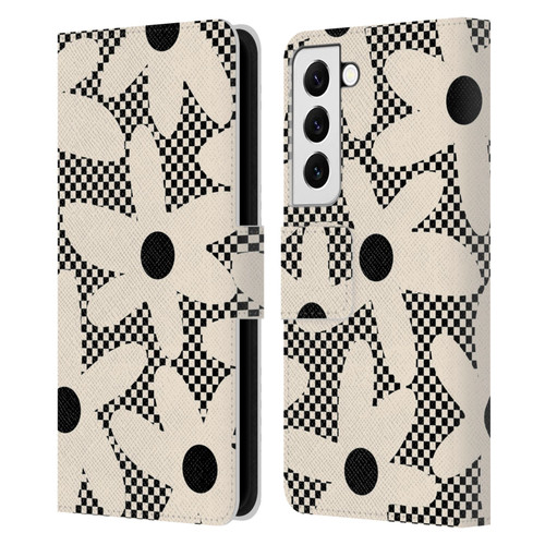 Kierkegaard Design Studio Retro Abstract Patterns Daisy Black Cream Dots Check Leather Book Wallet Case Cover For Samsung Galaxy S22 5G