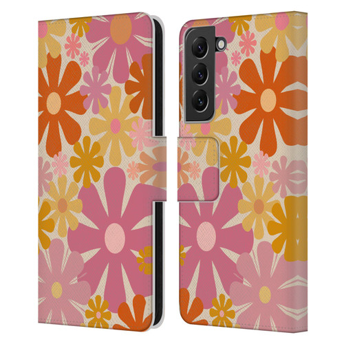 Kierkegaard Design Studio Retro Abstract Patterns Pink Orange Thulian Flowers Leather Book Wallet Case Cover For Samsung Galaxy S22+ 5G