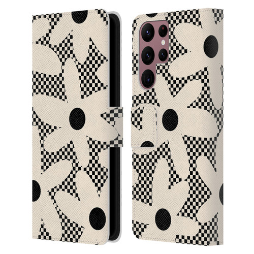 Kierkegaard Design Studio Retro Abstract Patterns Daisy Black Cream Dots Check Leather Book Wallet Case Cover For Samsung Galaxy S22 Ultra 5G