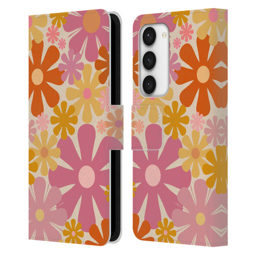 Kierkegaard Design Studio Retro Abstract Patterns Pink Orange Thulian Flowers Leather Book Wallet Case Cover For Samsung Galaxy S23 5G