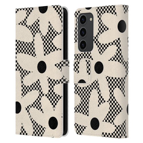 Kierkegaard Design Studio Retro Abstract Patterns Daisy Black Cream Dots Check Leather Book Wallet Case Cover For Samsung Galaxy S23+ 5G