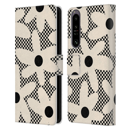Kierkegaard Design Studio Retro Abstract Patterns Daisy Black Cream Dots Check Leather Book Wallet Case Cover For Sony Xperia 1 IV