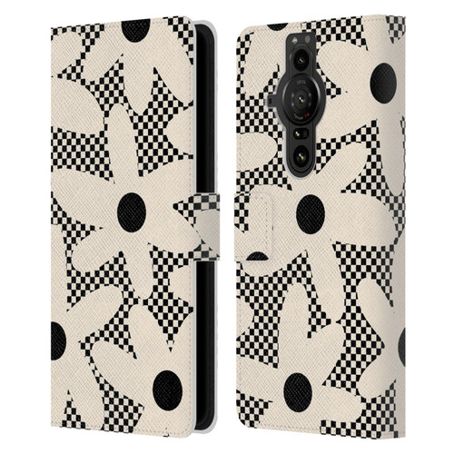 Kierkegaard Design Studio Retro Abstract Patterns Daisy Black Cream Dots Check Leather Book Wallet Case Cover For Sony Xperia Pro-I