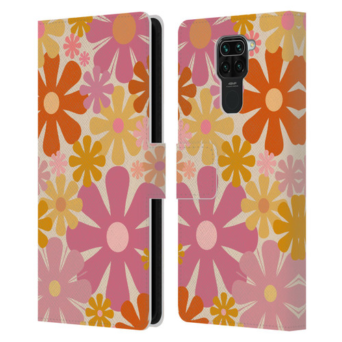 Kierkegaard Design Studio Retro Abstract Patterns Pink Orange Thulian Flowers Leather Book Wallet Case Cover For Xiaomi Redmi Note 9 / Redmi 10X 4G